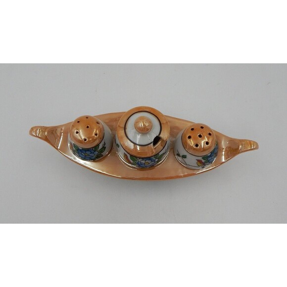 Lustreware Condiment Set Salt Pepper Mustard Jar Boat Peach White Floral Canoe - Picture 5 of 12